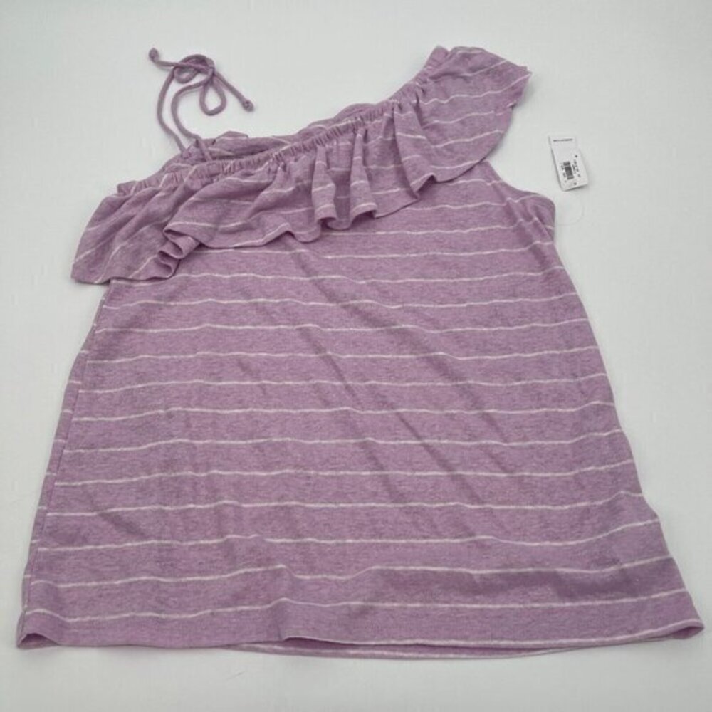 Old Navy Womens Small Shirt Off the Shoulder Ruffle Purple Strappy Striped Linen